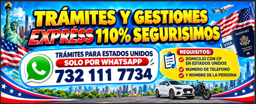 Banner de Gestión Total para trámites en Estados Unidos con teléfono de WhatsApp 732 111 7734 e información de requisitos